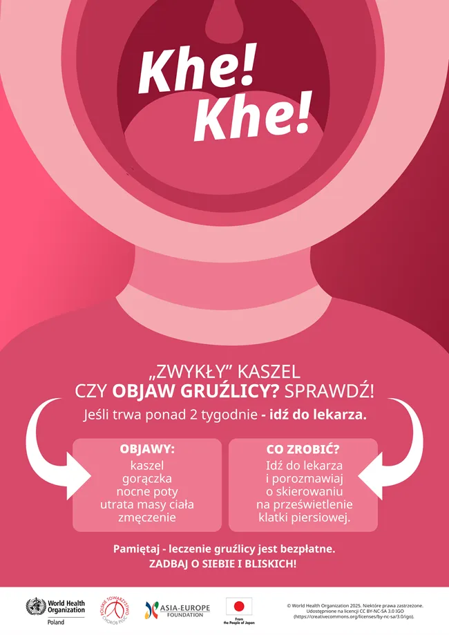 Plakat informacyjny dotyczący ogólnopolskiej kampanii społecznej - Zwykły kaszel czy objaw gruźlicy? Sprawdź!