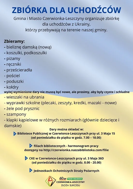 Informacja dotycząca zbiórki dla uchodźców z Ukrainy organizowana na terenie Gminy i Miasta Czerwionka-Leszczyny
