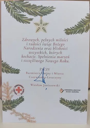 Kartka z życzeniami świątecznymi od Burmistrza Gminy i Miasta Czerwionka-Leszczyny