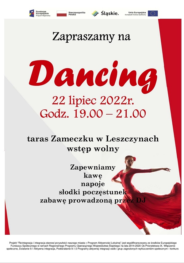 Plakat informujący o organizowanym dancingu na leszczyńskim tarasie Zameczku w dniu 22 lipca 2022 r., w godz. od 19.00 do 21.00
