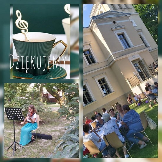 Kolaż z trzech zdjęć, z których dwa przedstawiają spotkanie przy kawie przy "Zameczku" w Leszczynach. Na trzecim zdjęciu filiżanka kawy oraz napis "Dziękujemy".