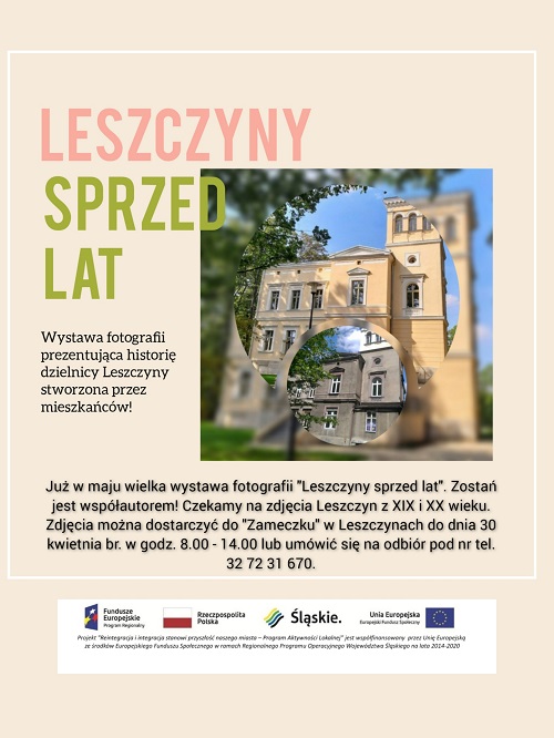 Leszczyny sprzed lat - plakat zapraszający do współtworzenia wystawy fotograficznej. Na plakcie zdjęcie "Zameczku" w Leszczynach.