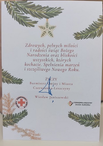 Kartka z życzeniami świątecznymi od Burmistrza Gminy i Miasta Czerwionka-Leszczyny