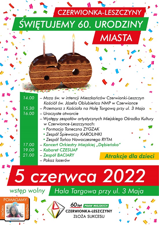 Plakat informujący o obchodach 60-lecia nadania praw miejskich Czerwionce i Leszczynom