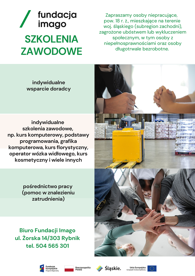 Plakat zapraszający do udziału w szkoleniach zawodowych organizowanych przez Fundację Imago w ramach projektu "Lokalna Strategia Reintegracji"