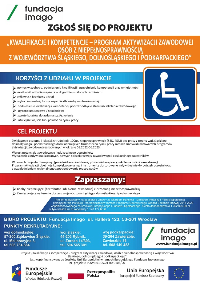 Plakat zapraszający do udziału w projekcie pn. "Kwalifikacje i kompetencje - program aktywizacji zawodowej osób z niepełnosprawnością z województwa śląskiego, dolnośląskiego i podkarpackiego" realizowanym przez Fundację Imago