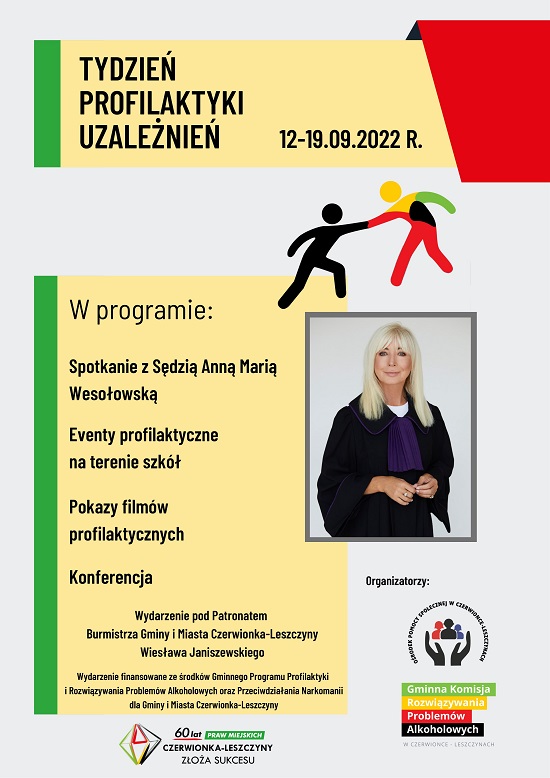 Plakat informujący o organizowanym wydarzeniu pod nazwą "Tydzień Profilaktyki Uzależnień", który odbędzie się w dniach od 12 do 19 września 2022 r.