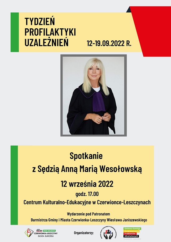 Plakat informujący o spotkaniu z Sędzią Anną Marią Wesołowską w dniu 12 września 2022 r. Na plakacie między innymi zdjęcie Sędzi Anny Marii Wesołowskiej