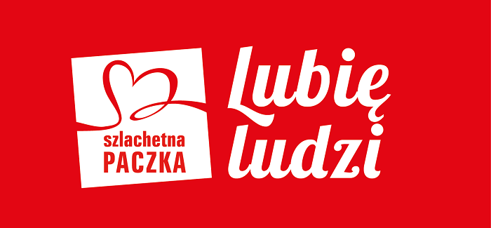 Logo Szlachetnej Paczki: kwadratowy znak przedstawiający falowaną linię, przypominającą wstęgę, która tworzy kształt serca oraz napis „Szlachetna Paczka”. Obok znaku znajduje się napis „Lubię ludzi”. Logo utrzymane jest w czerwono-białej kolorystyce.