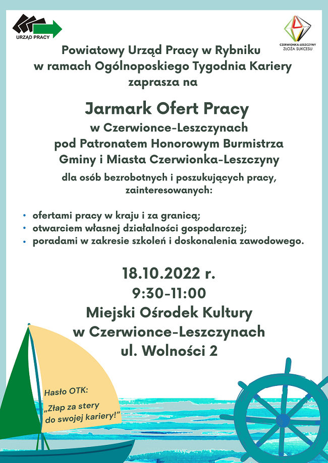 Plakat informujący o Jarmarku Ofert Pracy w Czerwionce-Leszczynach, dnia 18 października 2022 r.