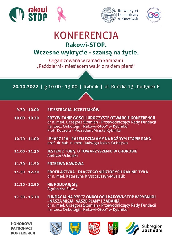 Plakat zapraszający na konferencję pod tytułem "Rakowi - STOP. Wczesne wykrycie - szansą na życie", która odbędzie się w Rybniku w dniu 20 października 2022 r. Na plakacie umieszczono program konferencji, loga organizatorów wydarzenia oraz honorowych patronatów konferencji.