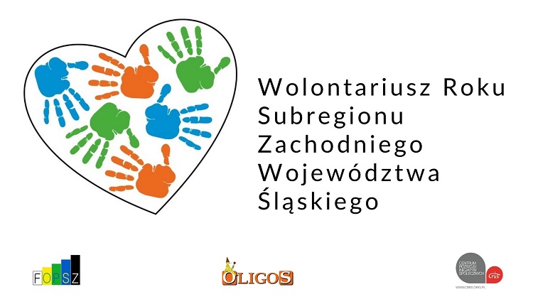 Logo konkursu "Wolontariusz roku 2022 Subregionu Zachodniego Województwa Śląskiego": Serce, wewnątrz którego znajdują się odbite dłonie, a po jego prawej stronie napis: Wolontariusz Roku Subregionu Zachodniego Województwa Śląskiego