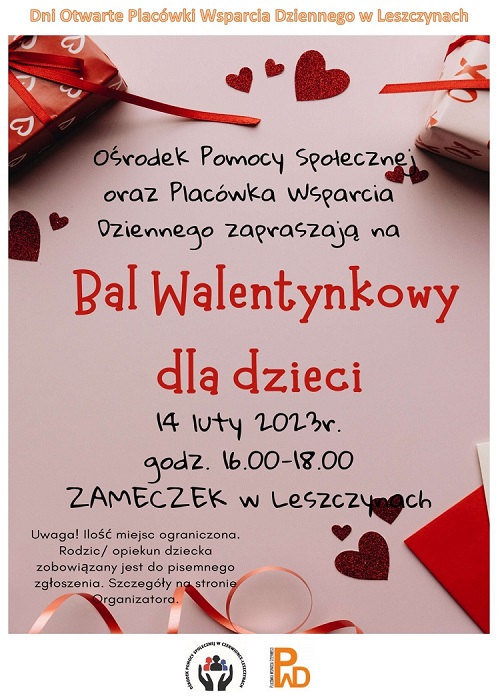 Plakat - zaproszenie na karnawałowy Bal Walentynkowy dla dzieci