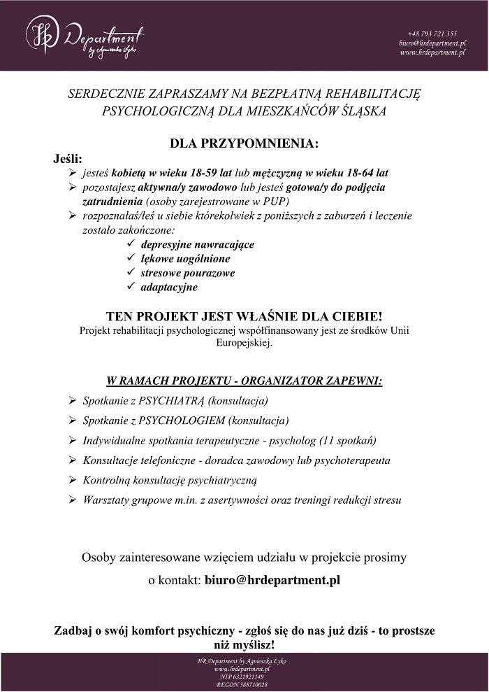 Ulotka, na której znajdują się informacje na temat bezpłatnej rehabilitacji psychologicznej dla mieszkańców Śląska Ulotka, na której znajdują się informacje na temat bezpłatnej rehabilitacji psychologicznej dla mieszkańców Śląska