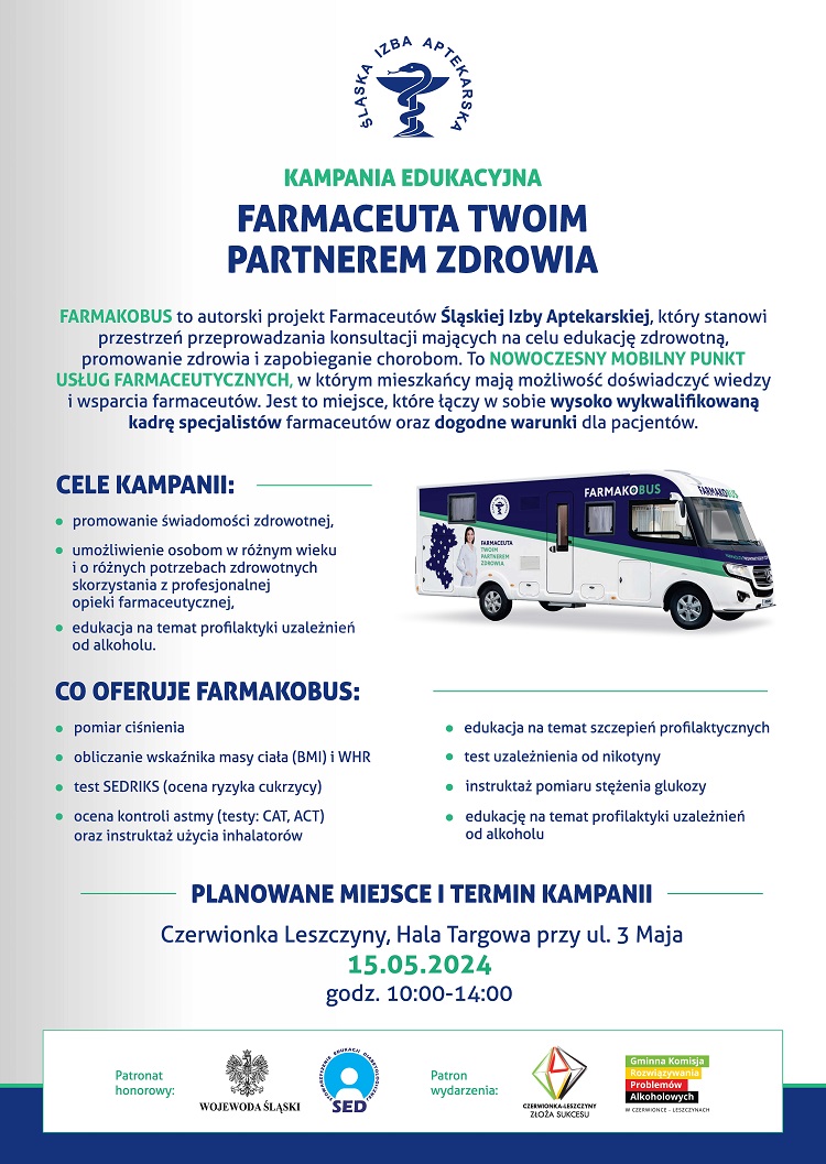 Plakat informujący o akcji Farmakobus w Czerwionce-Leszczynach