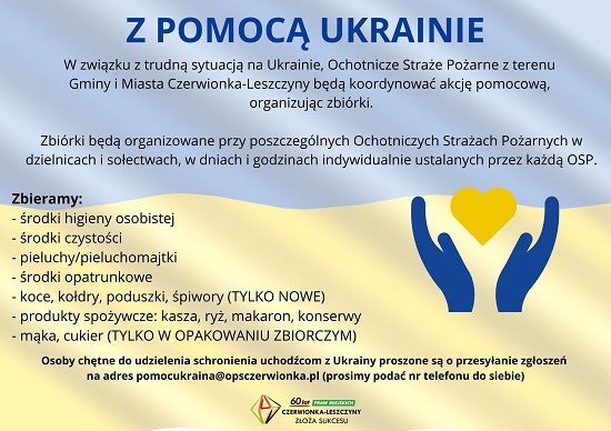 Z pomocą Ukrainie: grafika informująca o prowadzonych zbiorkach na rzecz uchodźców przez Ochotnicze Straże Pożarne z terenu Gminy i Miasta Czerwionka-Leszczyny