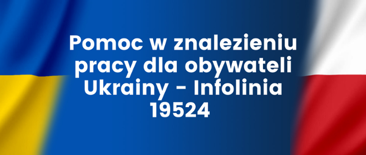 Plansza informacyjna dotycząca infolinii 19524. W tle flaga Ukrainy i Rzeczypospolitej Polskiej