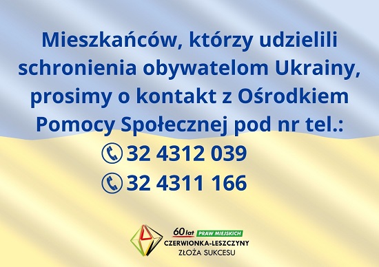 Informacja dla mieszkańców, którzy udzielili schronienia obywatelom Ukrainy. Tło: flaga Ukrainy.