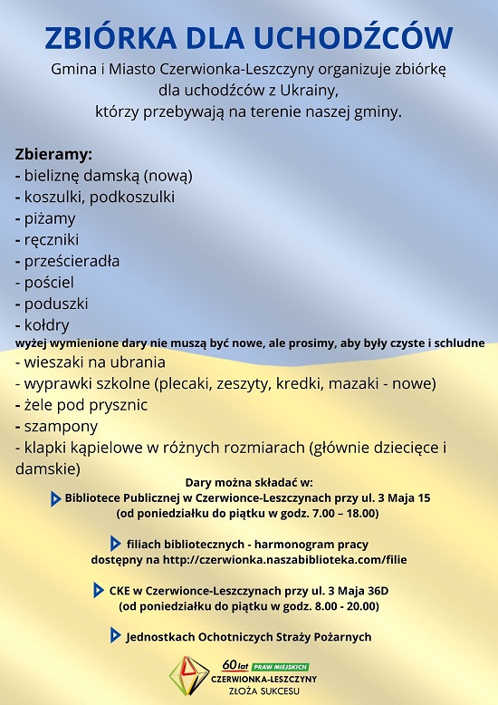 Informacja dotycząca zbiórki dla uchodźców z Ukrainy organizowana na terenie Gminy i Miasta Czerwionka-Leszczyny