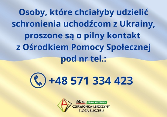 Informacja dla mieszkańców, którzy chcieliby udzielić schronienia obywatelom Ukrainy. Tło: flaga Ukrainy.