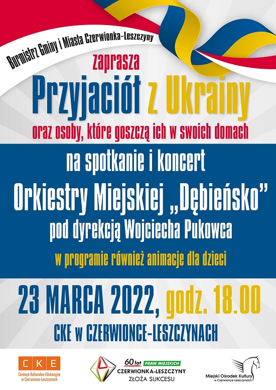 Plakat zapraszający na spotkanie i koncert dla Przyjaciół z Ukrainy oraz osób, które goszczą ich w swoich domach