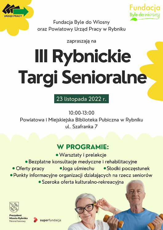 Plakat zapraszający na III Rybnickie Targi Senioralne, które odbędą się 23 listopada 2022 r.